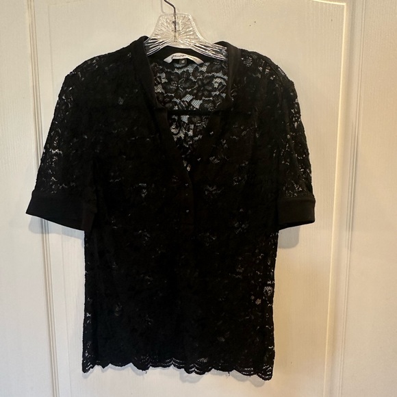 Diane Von Furstenberg Allover Floral Flower Semi Sheer Lace Black Blouse sz 12 - Picture 1 of 5